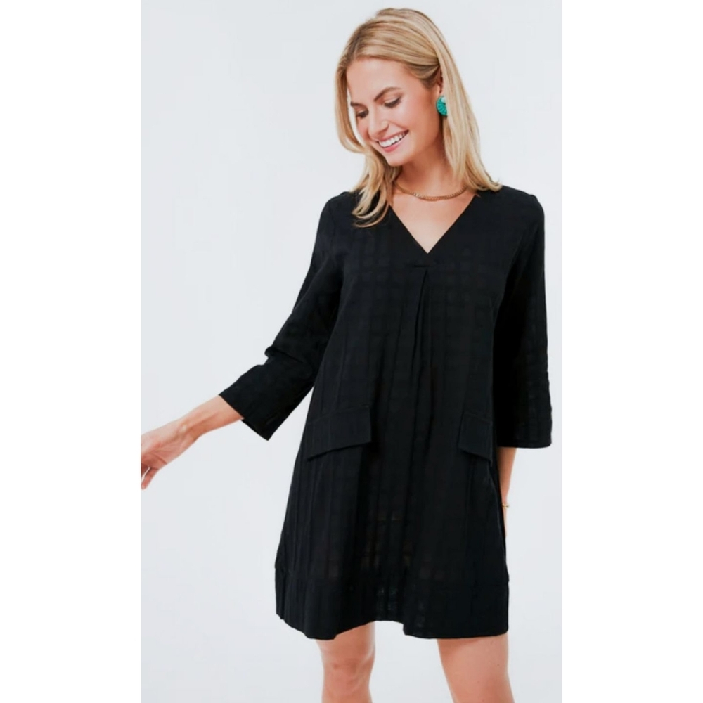 Tuckernuck Pomander Place Black Mini Carolina Caftan Dress Grid Shift Classic